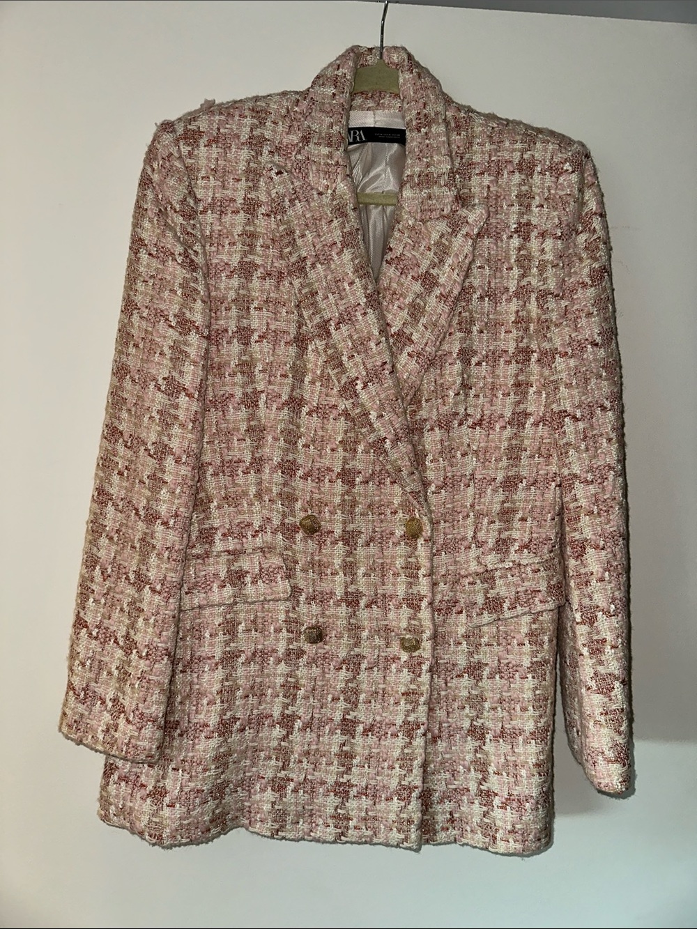 Only Worn Once | Zara Pink & Cream Tweed Double-Breasted Blazer Jacket